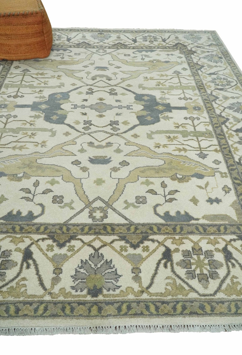 8x10 Hand Knotted Oriental Oushak Ivory, Camel and Gray Wool Area Rug | TRDCP1056810