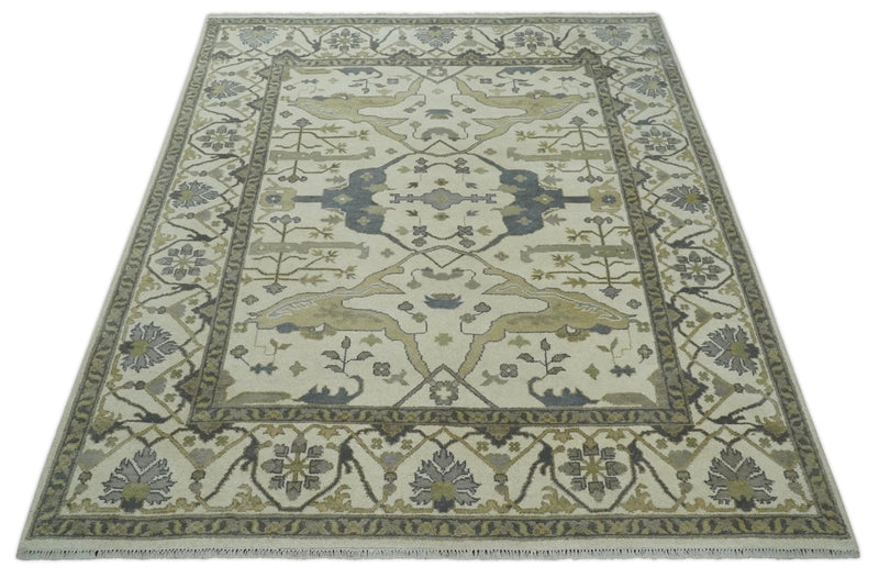 8x10 Hand Knotted Oriental Oushak Ivory, Camel and Gray Wool Area Rug | TRDCP1056810