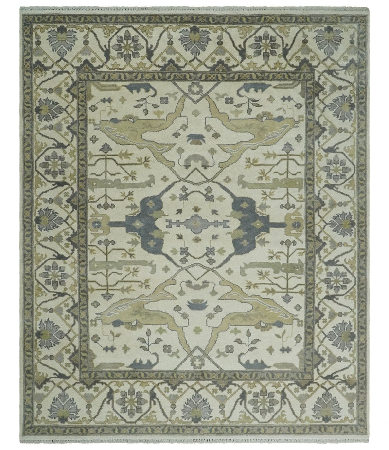 8x10 Hand Knotted Oriental Oushak Ivory, Camel and Gray Wool Area Rug | TRDCP1056810