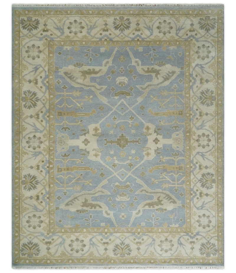 8x10 Hand Knotted Oriental Oushak Silver, Ivory and Beige Wool Area Rug | TRDCP1164810