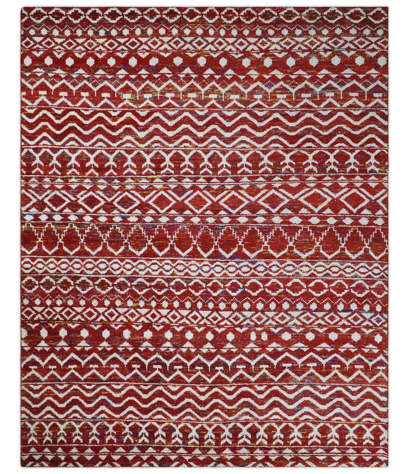 8x10 Hand Knotted Maroon and White Modern Contemporary Southwestern Tribal Trellis Recycled Silk Area Rug | OP27