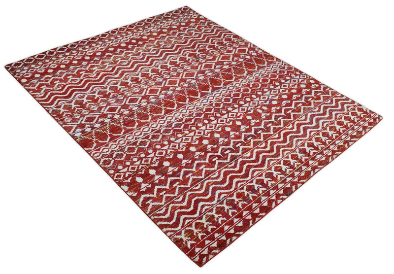 8x10 Hand Knotted Maroon and White Modern Contemporary Southwestern Tribal Trellis Recycled Silk Area Rug | OP27