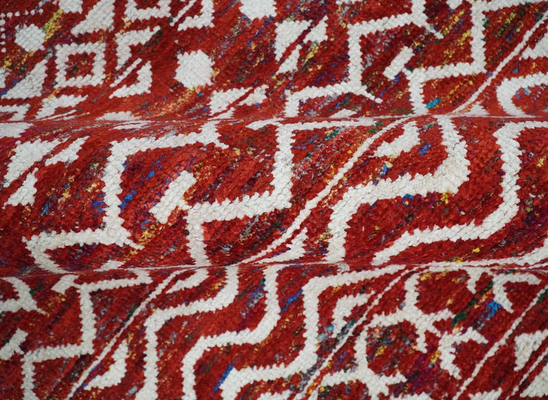 8x10 Hand Knotted Maroon and White Modern Contemporary Southwestern Tribal Trellis Recycled Silk Area Rug | OP27