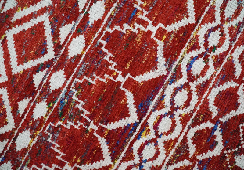 8x10 Hand Knotted Maroon and White Modern Contemporary Southwestern Tribal Trellis Recycled Silk Area Rug | OP27