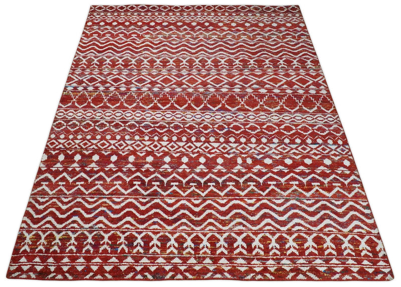 8x10 Hand Knotted Maroon and White Modern Contemporary Southwestern Tribal Trellis Recycled Silk Area Rug | OP27