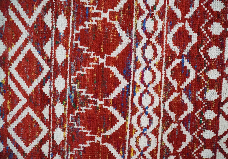 8x10 Hand Knotted Maroon and White Modern Contemporary Southwestern Tribal Trellis Recycled Silk Area Rug | OP27