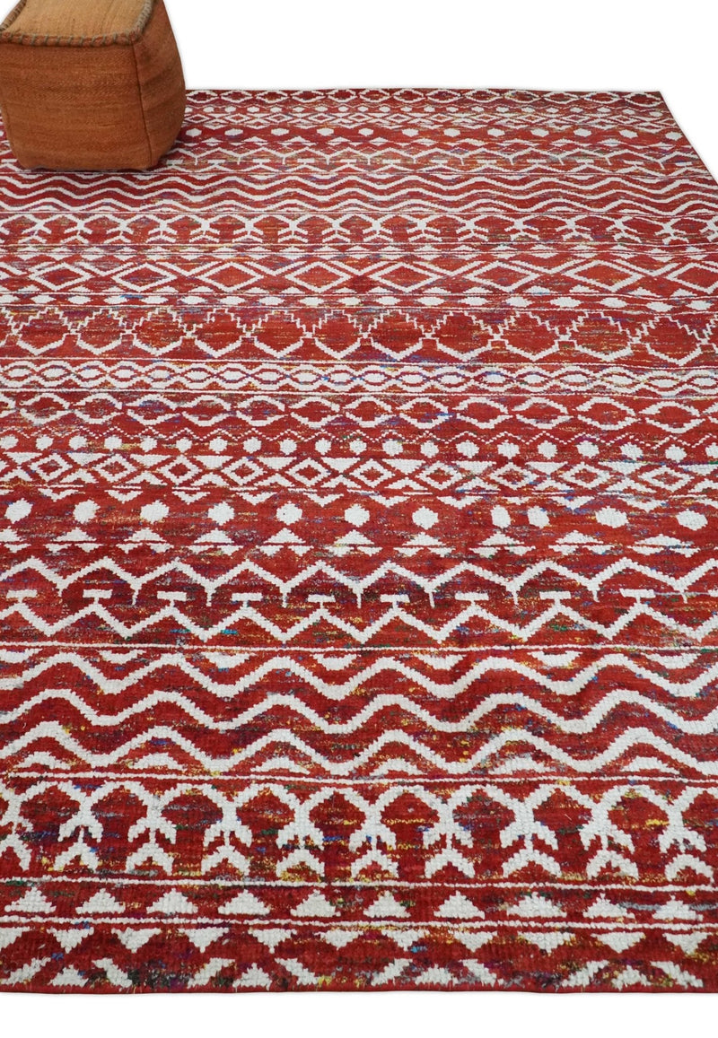 8x10 Hand Knotted Maroon and White Modern Contemporary Southwestern Tribal Trellis Recycled Silk Area Rug | OP27