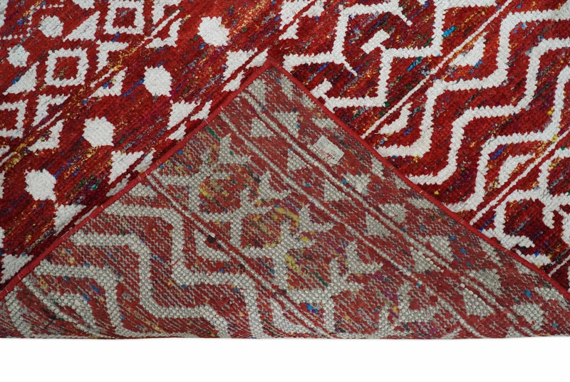 8x10 Hand Knotted Maroon and White Modern Contemporary Southwestern Tribal Trellis Recycled Silk Area Rug | OP27