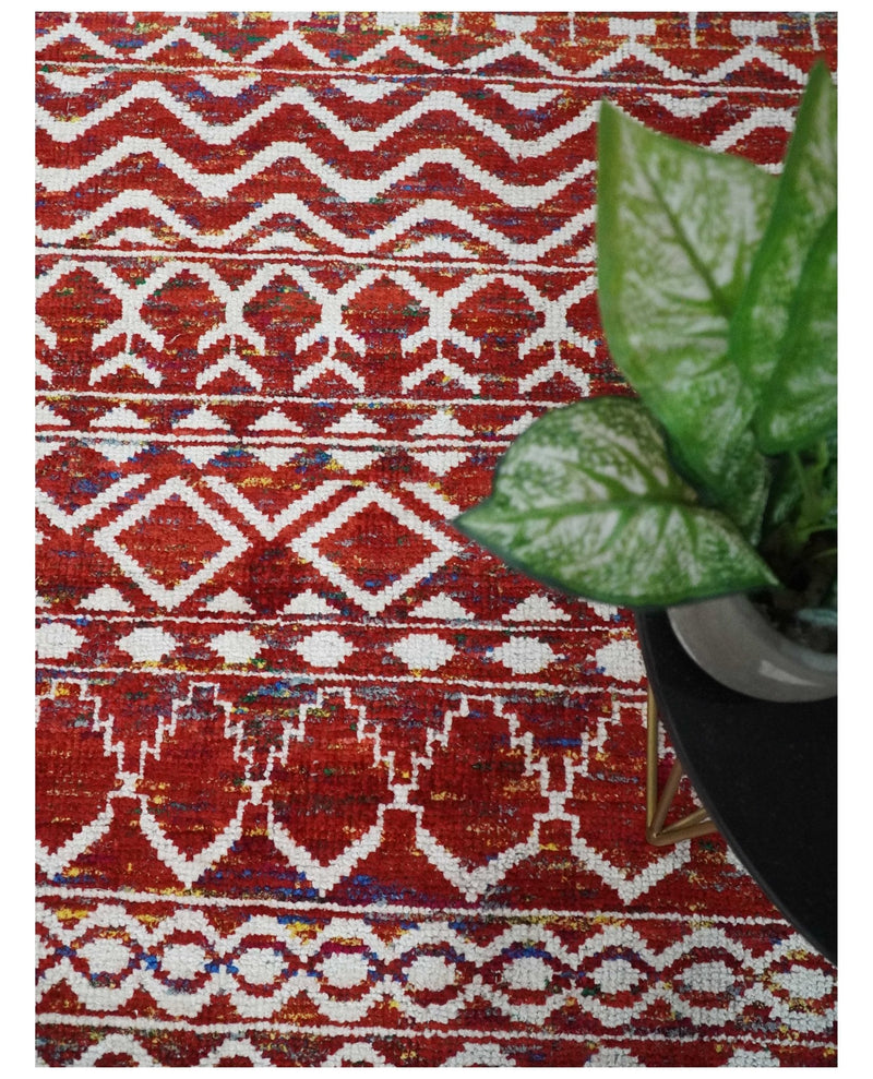 8x10 Hand Knotted Maroon and White Modern Contemporary Southwestern Tribal Trellis Recycled Silk Area Rug | OP27