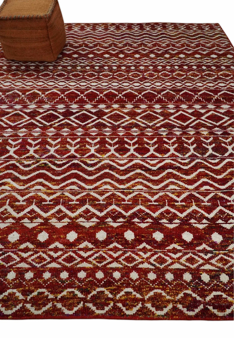 8x10 Hand Knotted Red and White Modern Contemporary Southwestern Tribal Trellis Recycled Silk Area Rug | TRDOP2