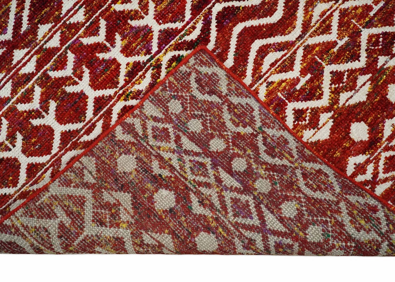 8x10 Hand Knotted Red and White Modern Contemporary Southwestern Tribal Trellis Recycled Silk Area Rug | TRDOP2