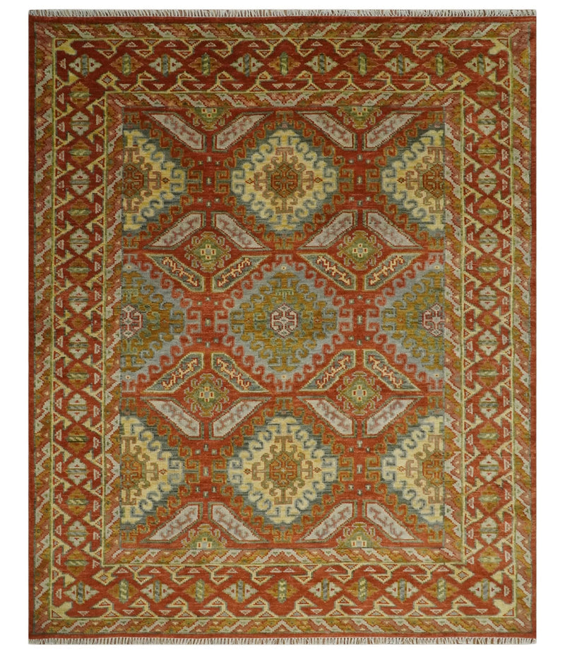 8x10 Hand Knotted Rust, Beige and Gray Oriental Traditional Wool Area Rug