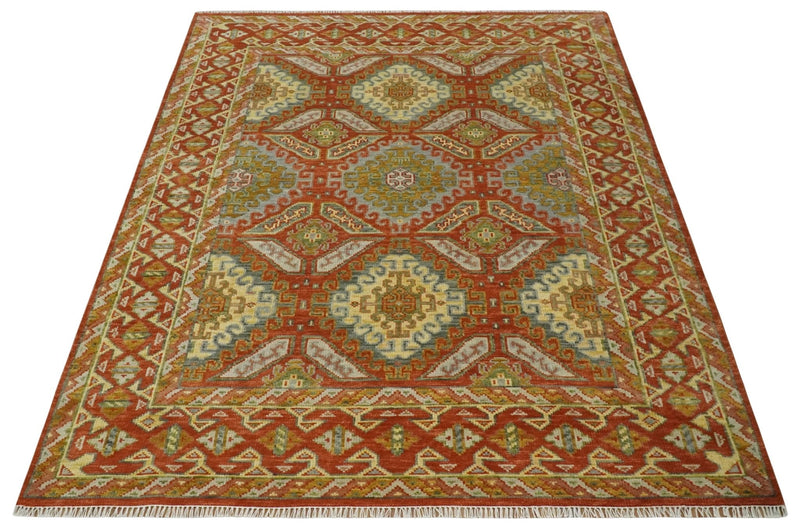 8x10 Hand Knotted Rust, Beige and Gray Oriental Traditional Wool Area Rug