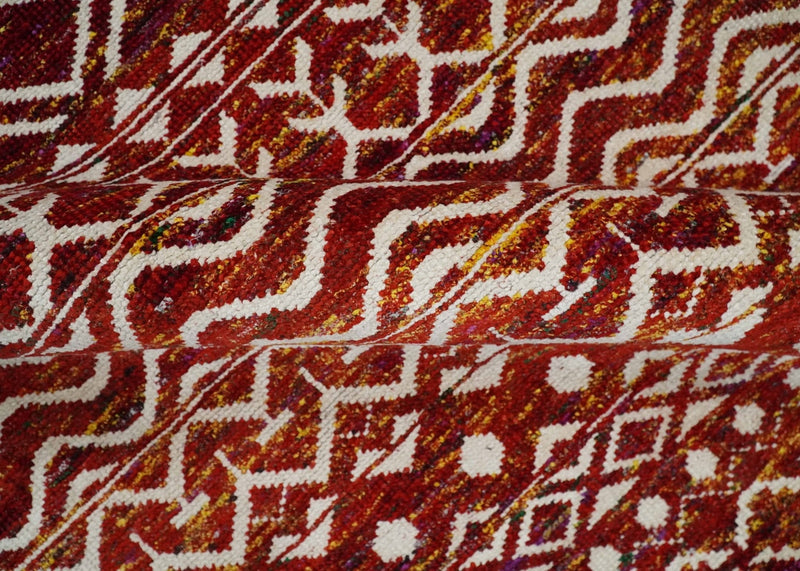 8x10 Hand Knotted Rust, Gold and White Modern Contemporary Southwestern Tribal Trellis Recycled Silk Area Rug | OP2
