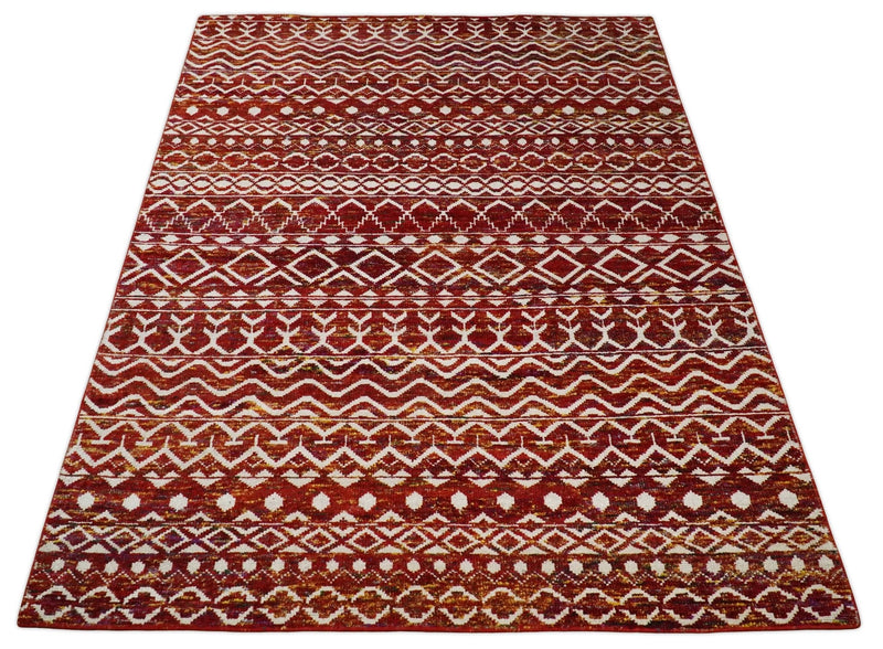 8x10 Hand Knotted Rust, Gold and White Modern Contemporary Southwestern Tribal Trellis Recycled Silk Area Rug | OP2