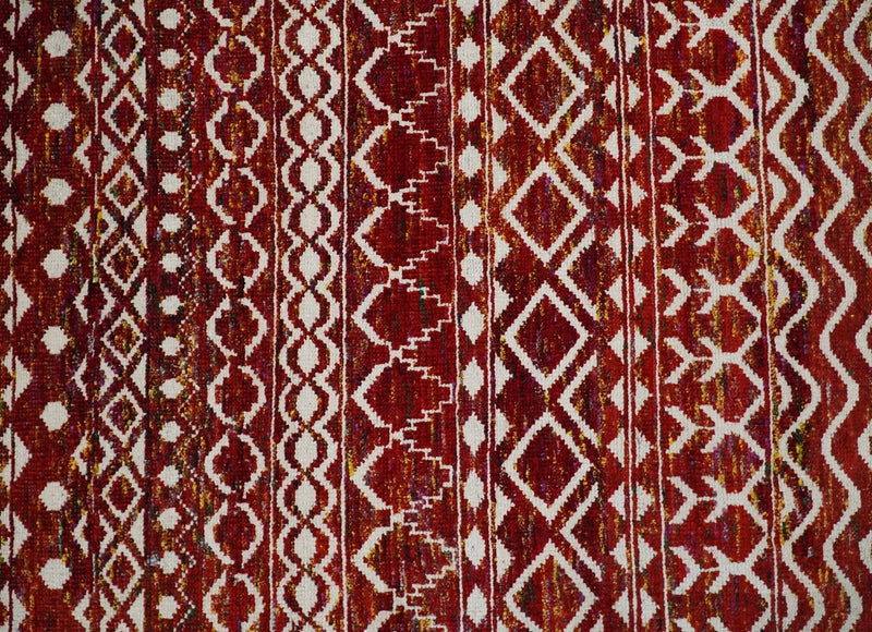 8x10 Hand Knotted Rust, Gold and White Modern Contemporary Southwestern Tribal Trellis Recycled Silk Area Rug | OP2