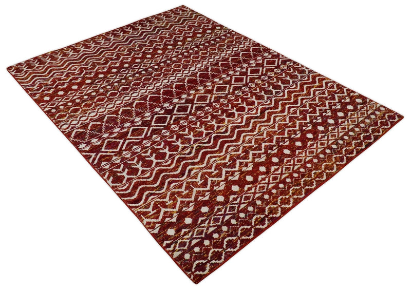 8x10 Hand Knotted Rust, Gold and White Modern Contemporary Southwestern Tribal Trellis Recycled Silk Area Rug | OP2