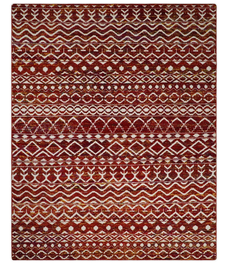 8x10 Hand Knotted Rust, Gold and White Modern Contemporary Southwestern Tribal Trellis Recycled Silk Area Rug | OP2
