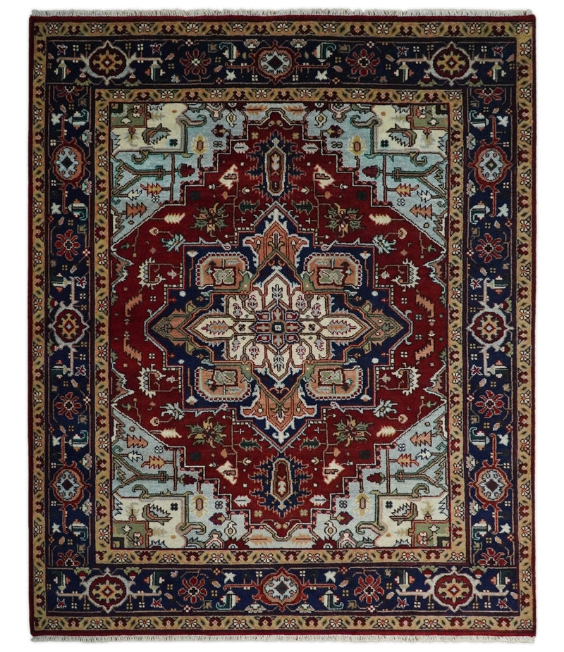 8x10 Hand Knotted Rust and Blue Traditional Vintage Persian Heriz Serapi Antique Wool Rug | TRDCP575810