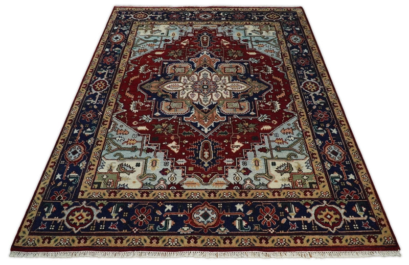 8x10 Hand Knotted Rust and Blue Traditional Vintage Persian Heriz Serapi Antique Wool Rug | TRDCP575810