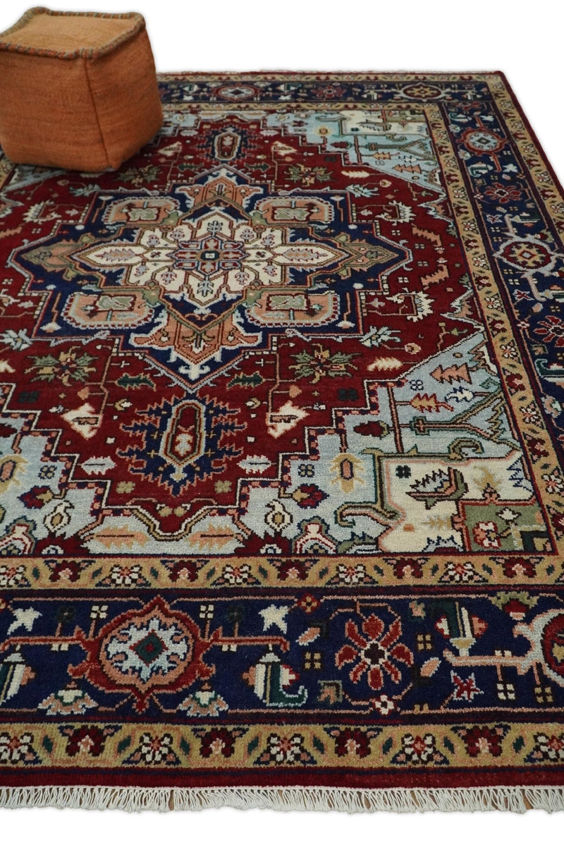 8x10 Hand Knotted Rust and Blue Traditional Vintage Persian Heriz Serapi Antique Wool Rug | TRDCP575810