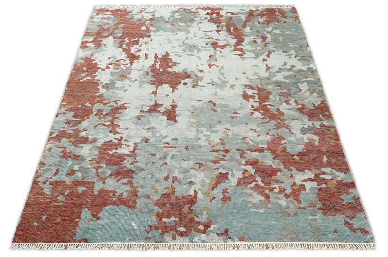 8x10 Hand Knotted Rust and Gray Modern Abstract Low Pile Contemporary Wool Rug | TRD2651