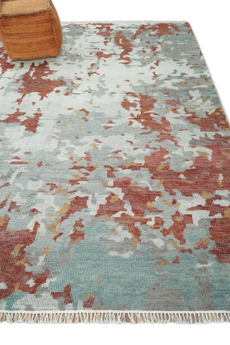 8x10 Hand Knotted Rust and Gray Modern Abstract Low Pile Contemporary Wool Rug | TRD2651