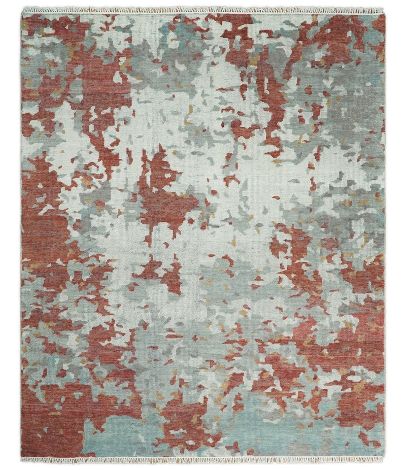 8x10 Hand Knotted Rust and Gray Modern Abstract Low Pile Contemporary Wool Rug | TRD2651