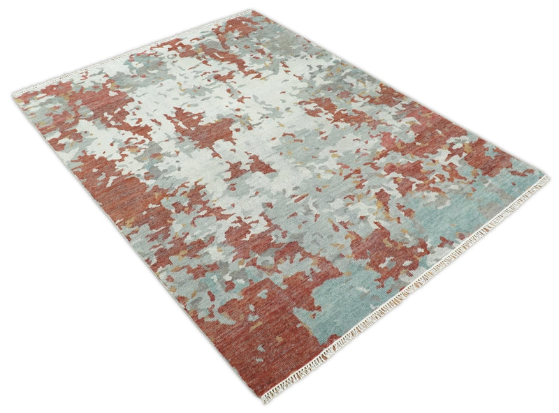 8x10 Hand Knotted Rust and Gray Modern Abstract Low Pile Contemporary Wool Rug | TRD2651