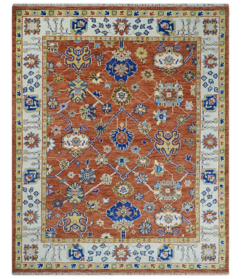 Rust, Ivory and Blue Hand Knotted Oriental Oushak Custom Made wool Area Rug