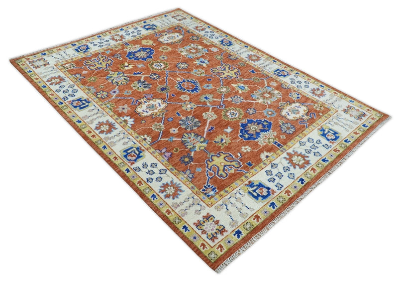 Rust, Ivory and Blue Hand Knotted Oriental Oushak Custom Made wool Area Rug