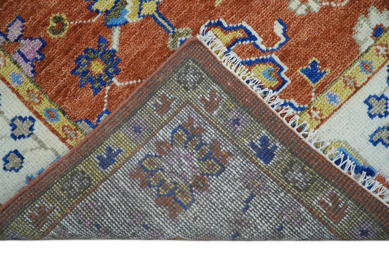 Rust, Ivory and Blue Hand Knotted Oriental Oushak Custom Made wool Area Rug