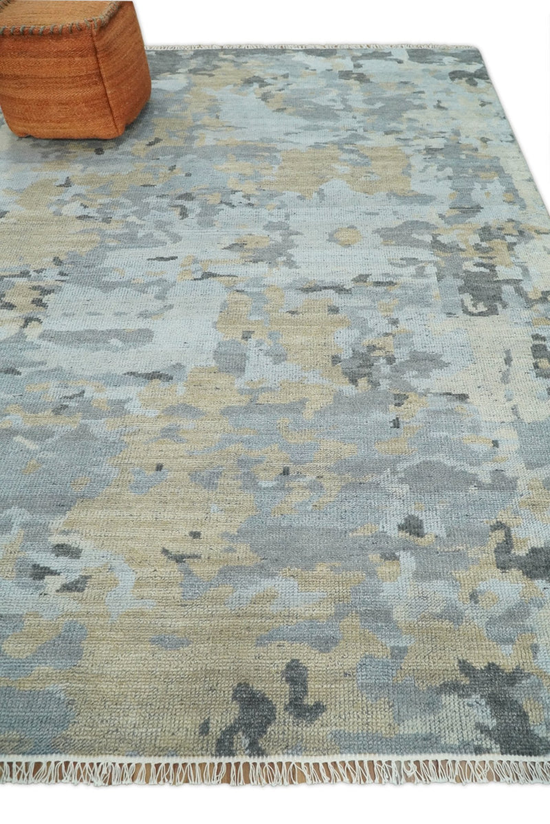 8x10 Hand Knotted Silver and Beige Modern Abstract Low Pile Contemporary Wool Rug | TRD2652