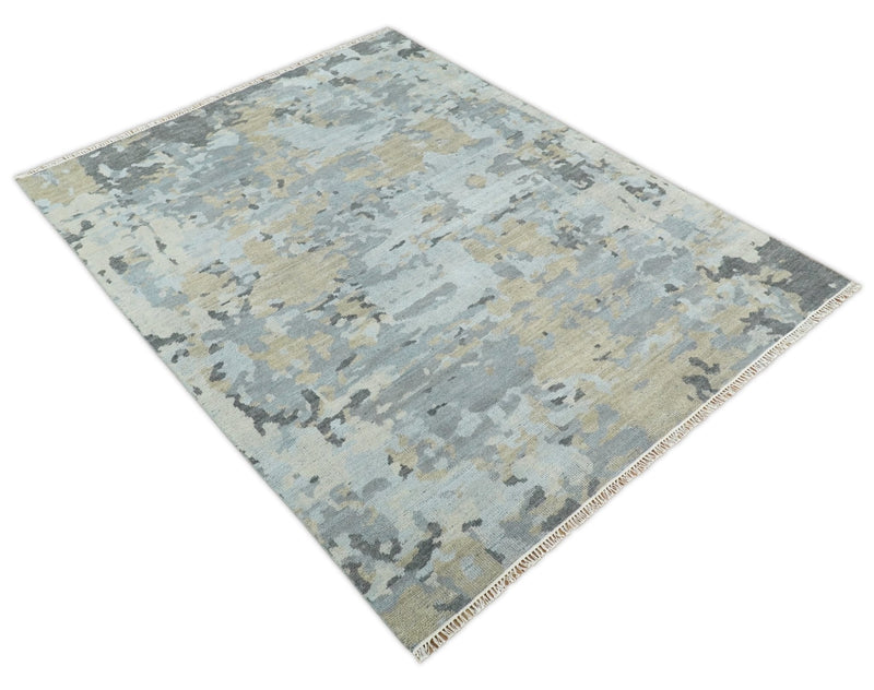 8x10 Hand Knotted Silver and Beige Modern Abstract Low Pile Contemporary Wool Rug | TRD2652