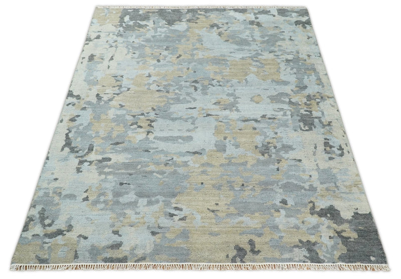 8x10 Hand Knotted Silver and Beige Modern Abstract Low Pile Contemporary Wool Rug | TRD2652