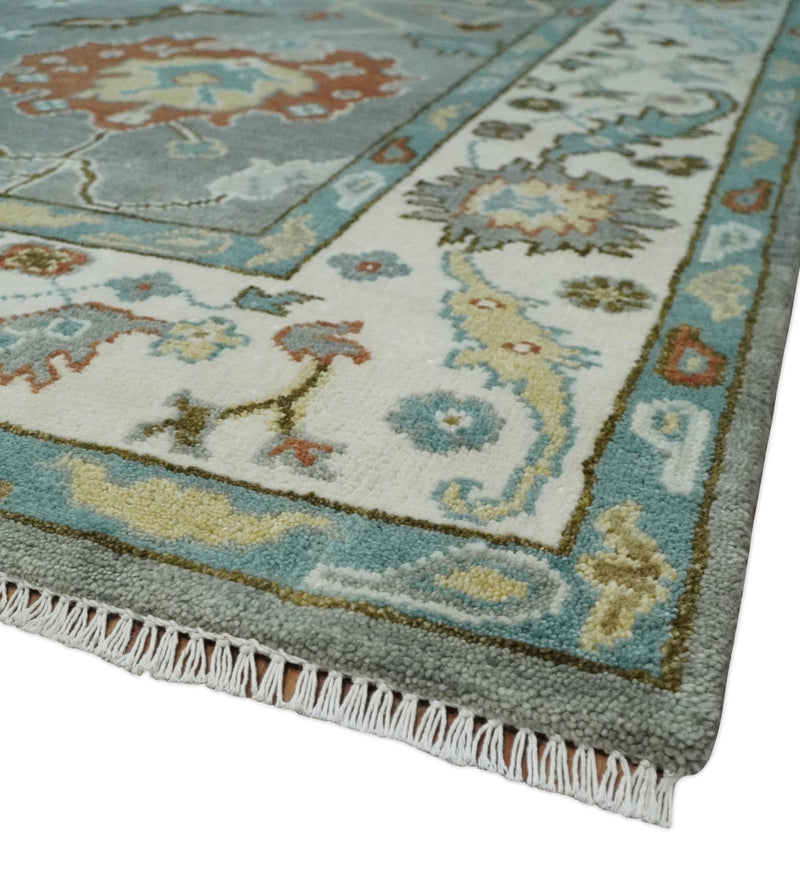 8x10 Hand Knotted Silver and Ivory Oriental Oushak Wool Rug