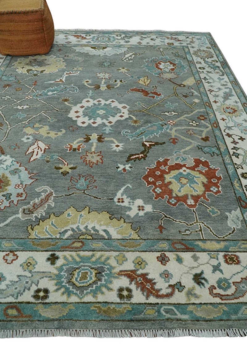 8x10 Hand Knotted Silver and Ivory Oriental Oushak Wool Rug