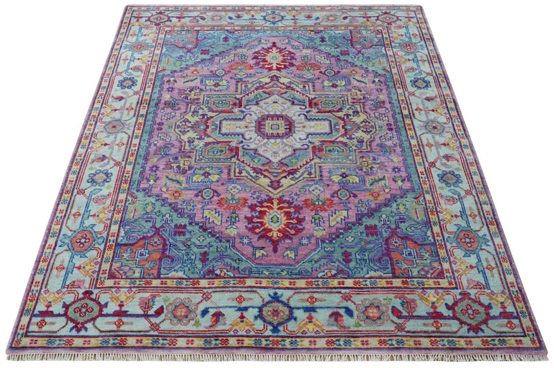 8x10 Hand Knotted Silver, Purple and Green Traditional Wool Rug