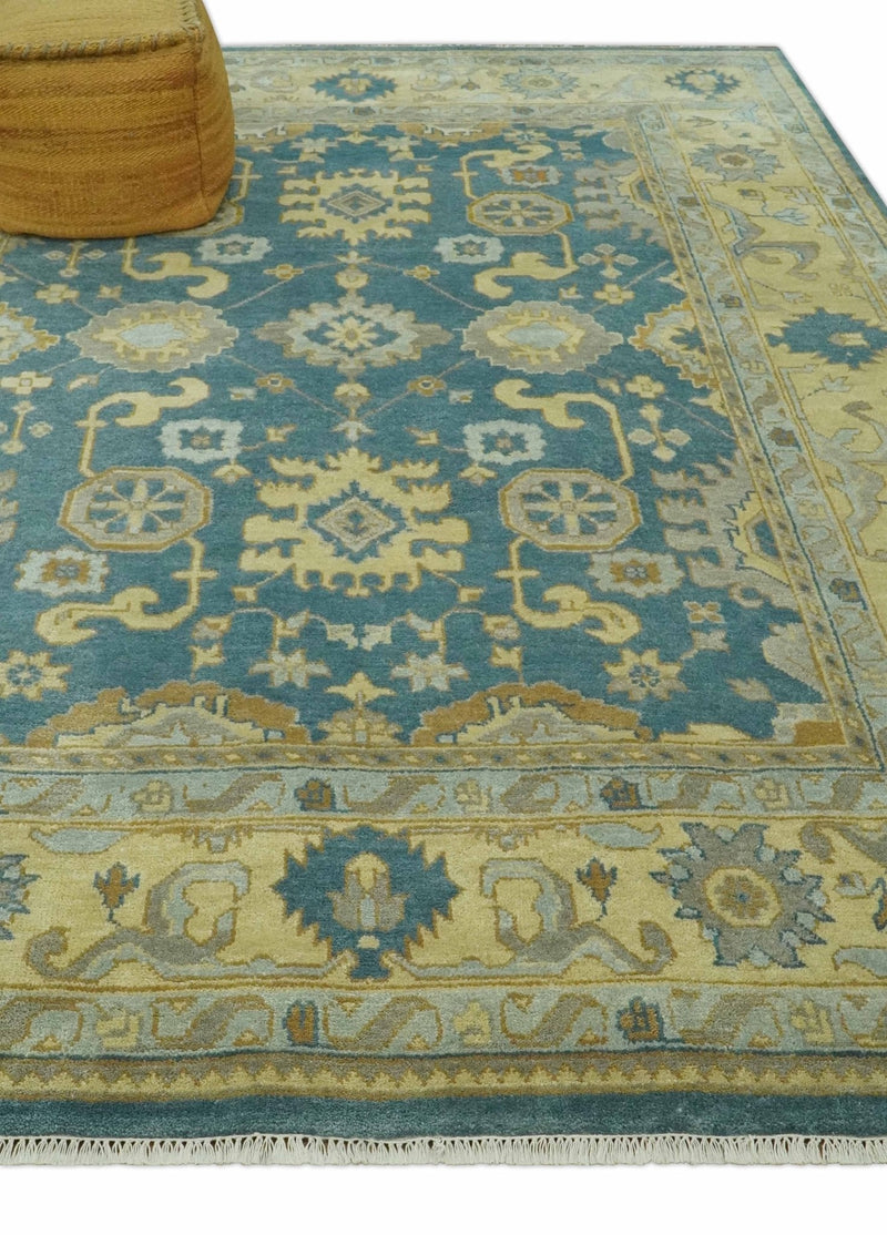 8x10 Hand Knotted Teal and Olive Traditional Oriental Oushak wool area rug