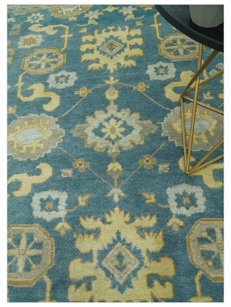8x10 Hand Knotted Teal and Olive Traditional Oriental Oushak wool area rug
