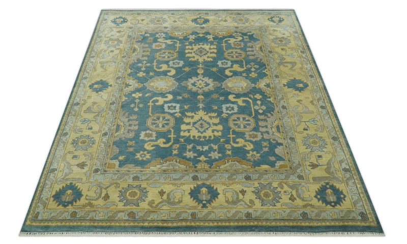 8x10 Hand Knotted Teal and Olive Traditional Oriental Oushak wool area rug
