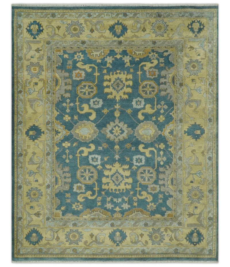 8x10 Hand Knotted Teal and Olive Traditional Oriental Oushak wool area rug