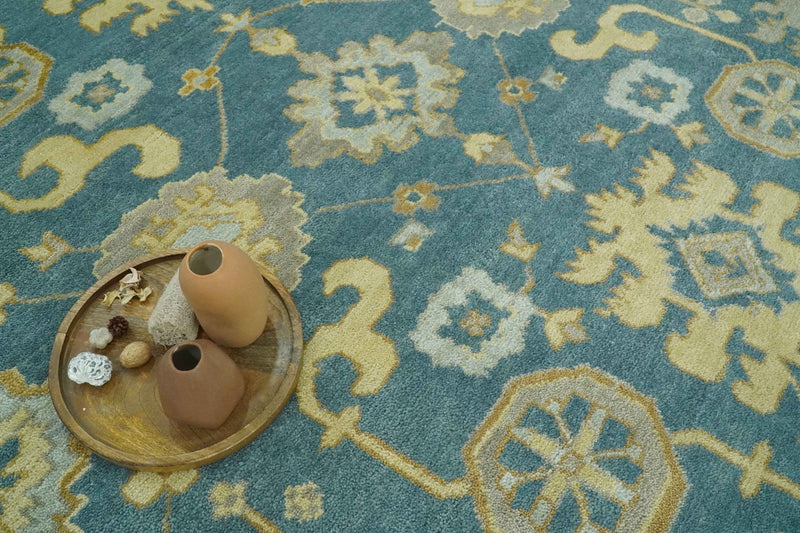 8x10 Hand Knotted Teal and Olive Traditional Oriental Oushak wool area rug