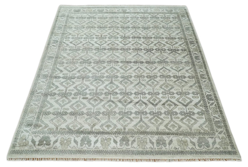 8x10 Hand Knotted Turkish Ivory and Silver Traditional Antique Persian Area Rug | TRDCP1120810S