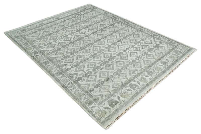 8x10 Hand Knotted Turkish Ivory and Silver Traditional Antique Persian Area Rug | TRDCP1120810S