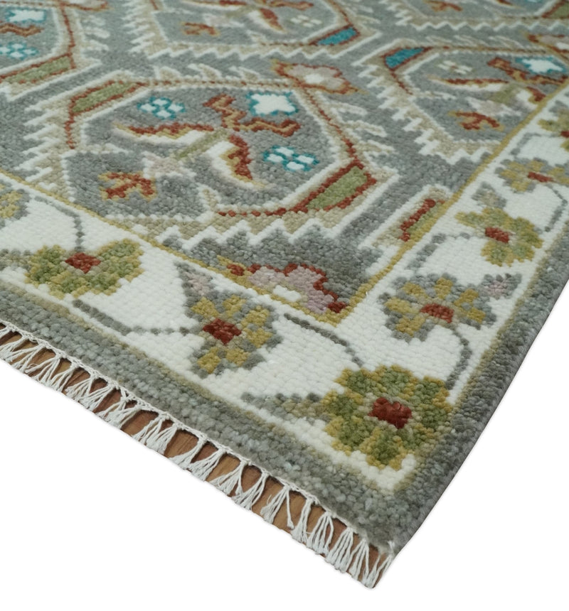 8x10 Hand Knotted Turkish Style Silver, Ivory and Rust Traditional Pile Area Rug, Repeat Design