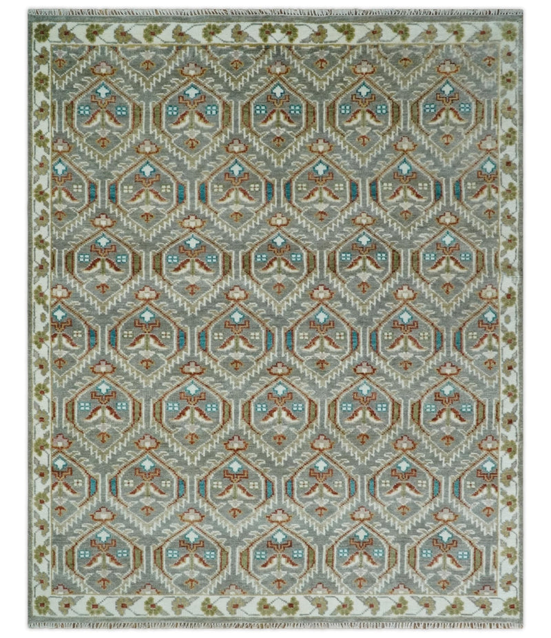 8x10 Hand Knotted Turkish Style Silver, Ivory and Rust Traditional Pile Area Rug, Repeat Design
