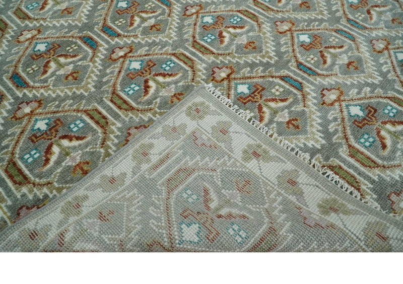 8x10 Hand Knotted Turkish Style Silver, Ivory and Rust Traditional Pile Area Rug, Repeat Design