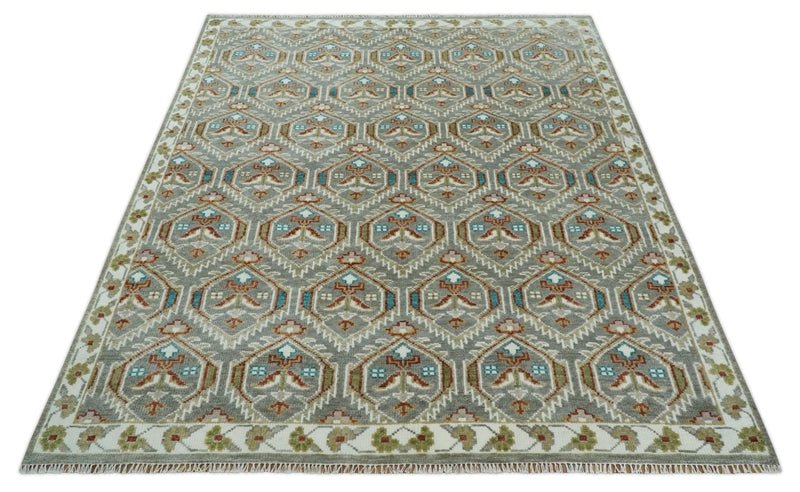 8x10 Hand Knotted Turkish Style Silver, Ivory and Rust Traditional Pile Area Rug, Repeat Design