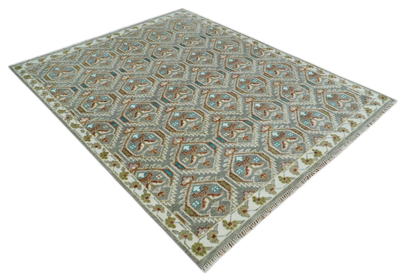 8x10 Hand Knotted Turkish Style Silver, Ivory and Rust Traditional Pile Area Rug, Repeat Design